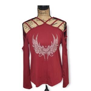 Sheilay Bejeweled Heart Wings Long Sleeved V Cut Shirt - Size Small